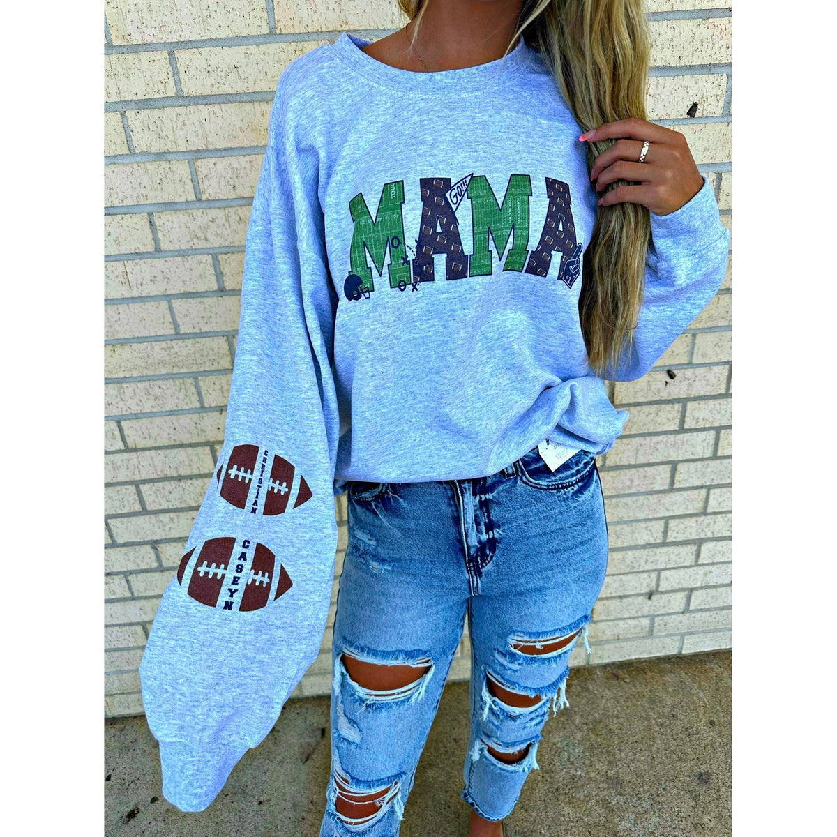 Mama Football with Football Sleeve Custom tee or sweatshirt