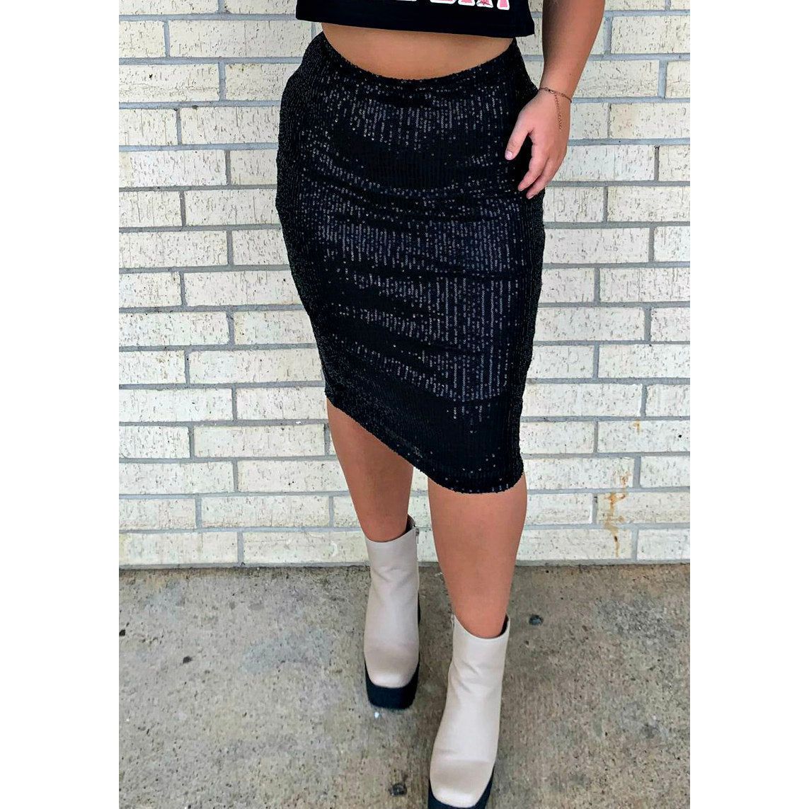 NATALEE Black Sequin Midi Skirt