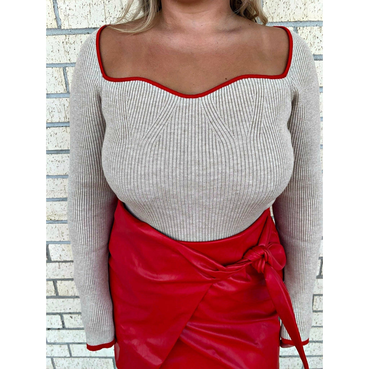 Rachel Red Detail Taupe Sweater