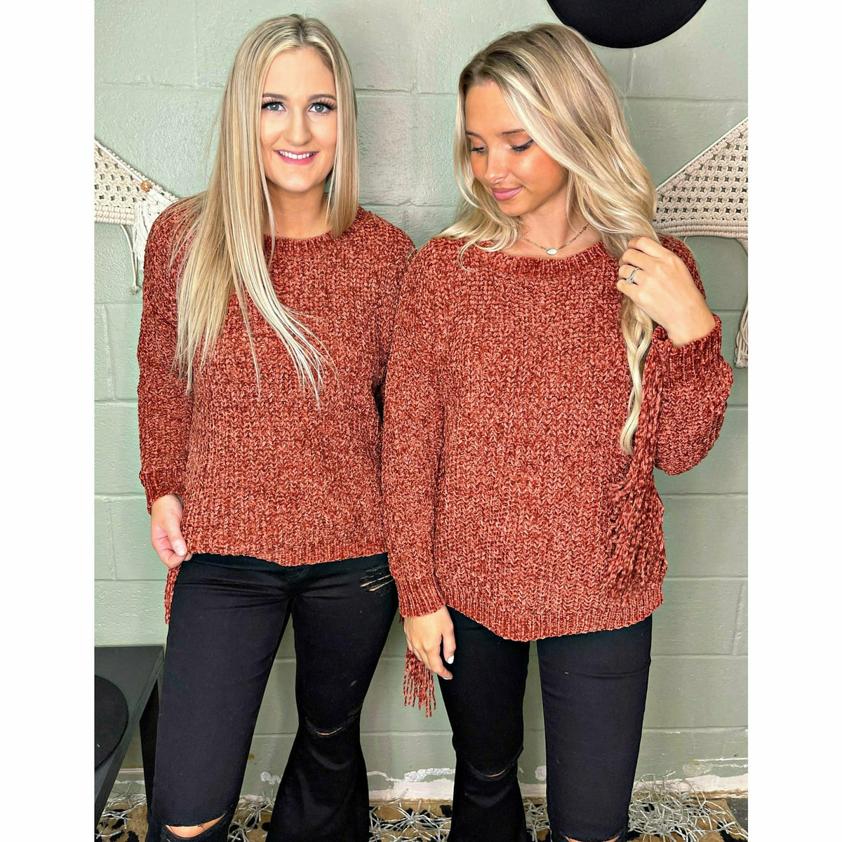 Deep Rust Chenille Sweater with Fringe Sleeve