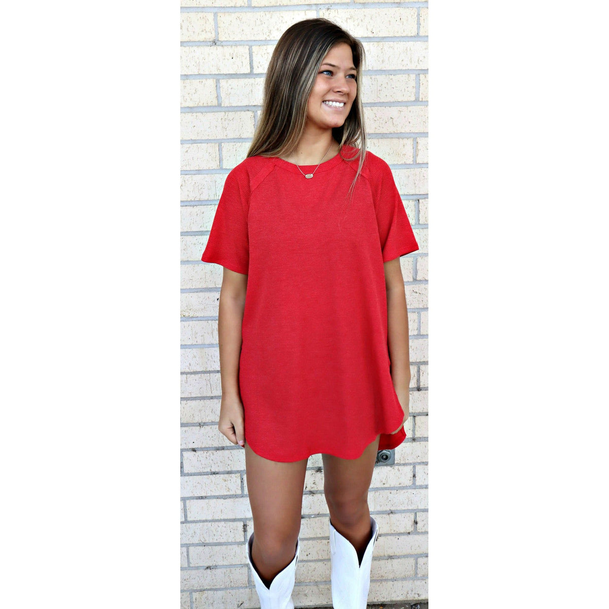 Red Mel Soft Waffle Short Sleeve HI-LOW Top (regular and plus)