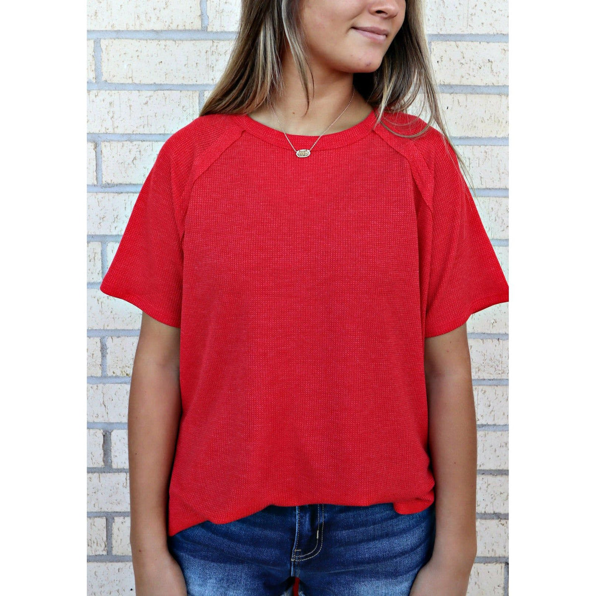 Red Mel Soft Waffle Short Sleeve HI-LOW Top (regular and plus)