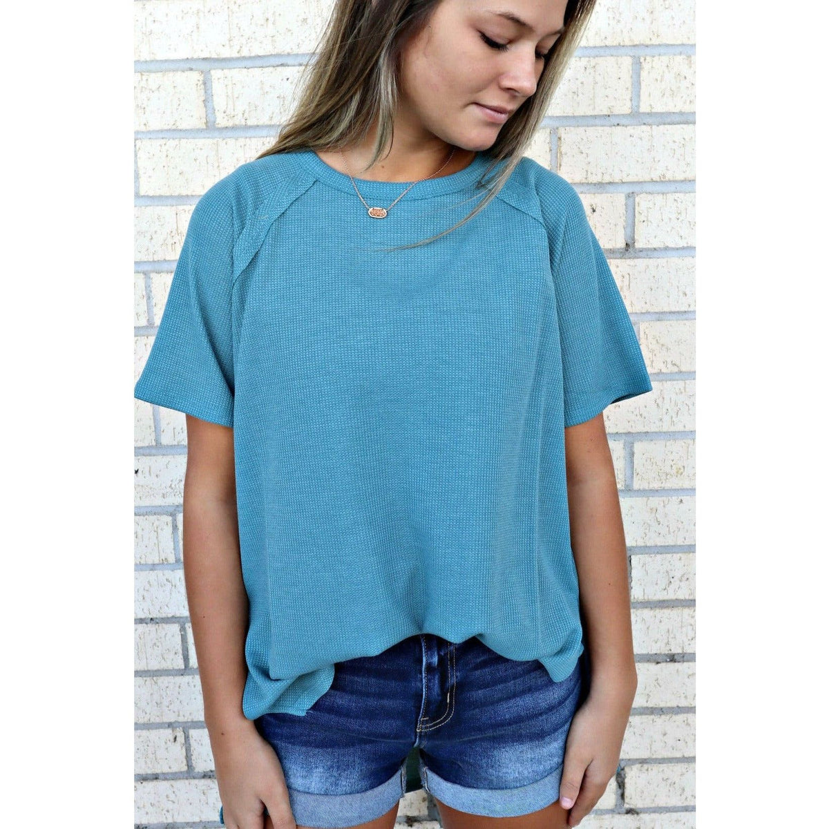 Teal Waffle Soft Short Sleeve HI-LOW Top (regular and plus)