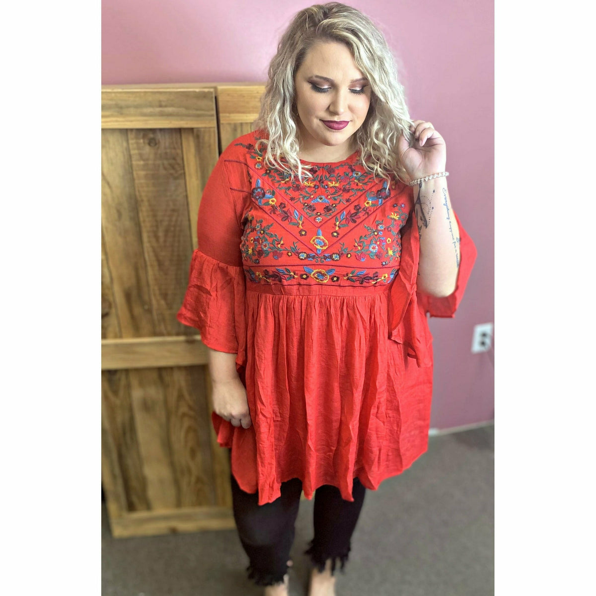 Entro Embroidered Red Tunic/Dress Plus