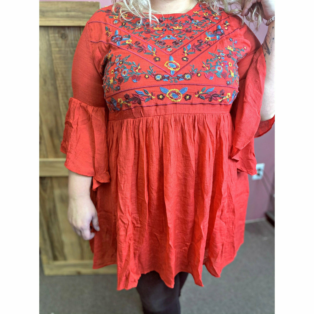 Entro Embroidered Red Tunic/Dress Plus