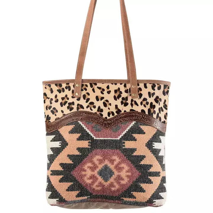 Cheetah Print Real Cowhide Leather and Upcycled Canvas Ladies Bag
