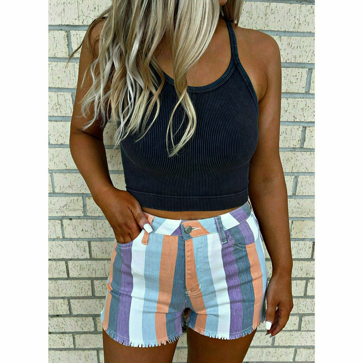 Candy Color Stretch Stripe Denim Shorts